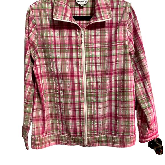 Breckenridge Womens Zip Up Collared Shacket Medium Pink Green Plaid Preppy Thin - Picture 1 of 11